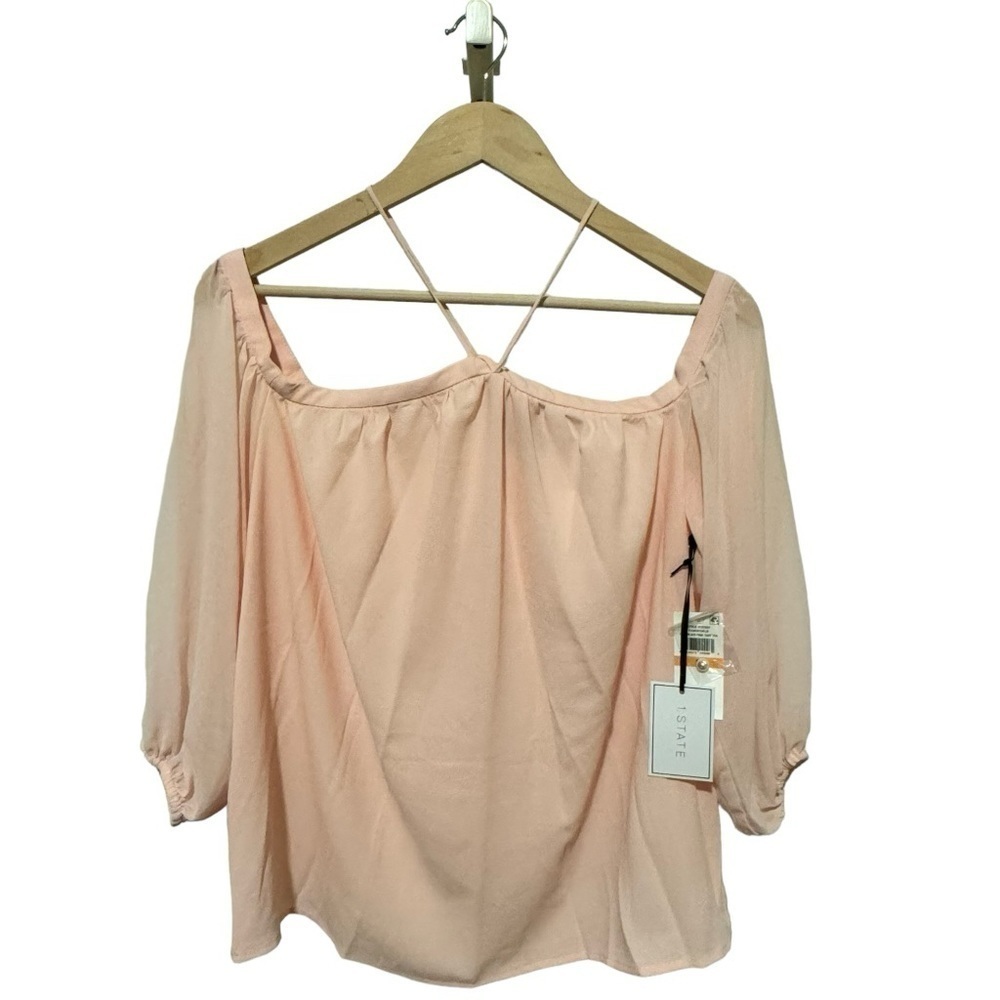 1.STATE Off-Shoulder‎ Halter Blouse, Chiffon Sleeves, Pink Sz S - Picture 3 of 6